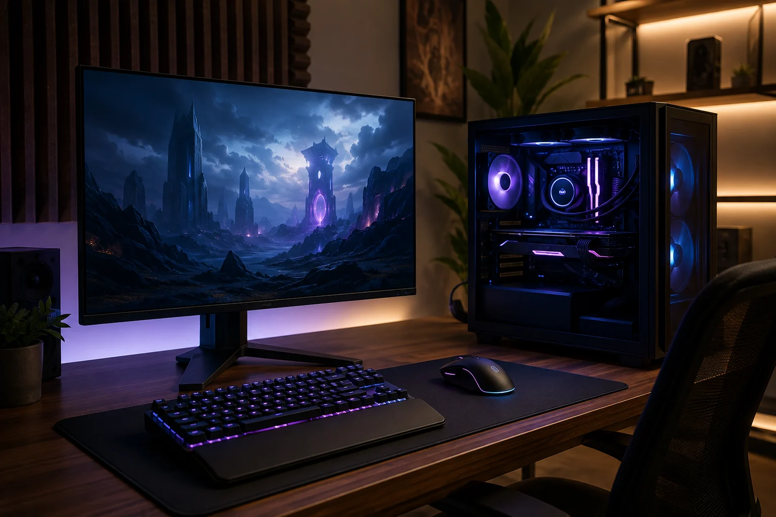 A complete gaming PC setup with a monitor, keyboard, and mouse