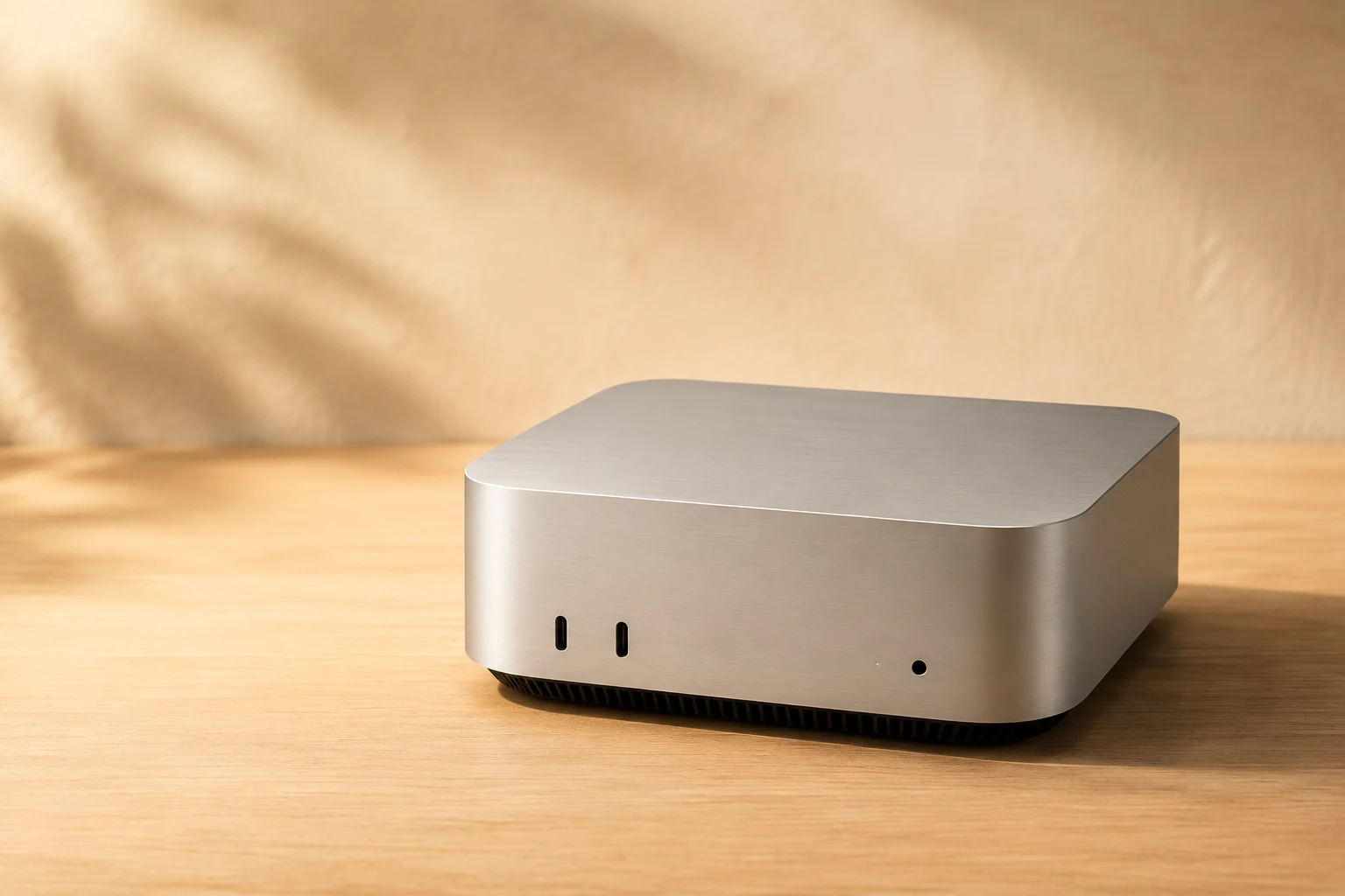 A compact brushed-metal mini computer on a wooden desk