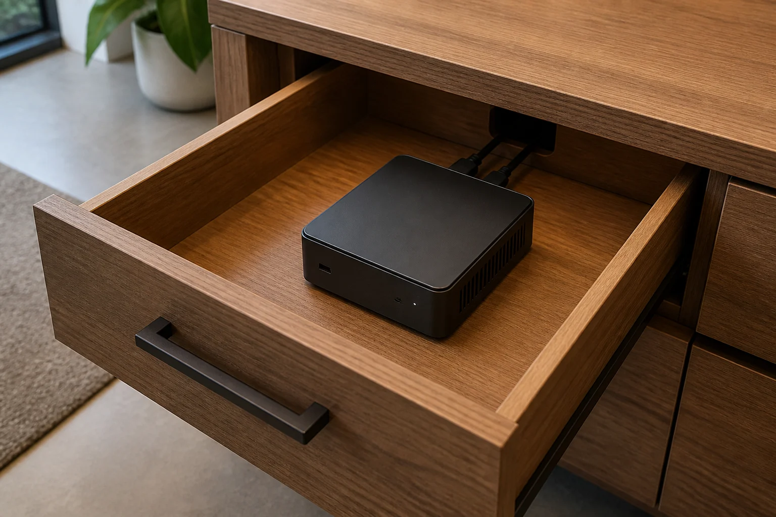 A compact mini PC inside an open wooden desk drawer