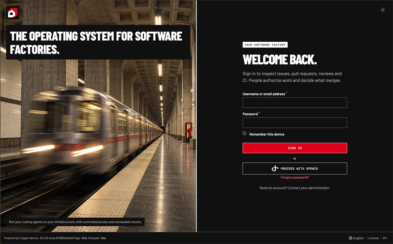 Soda Forge sign-in screen with the Soda OS symbol, a train arriving at a concrete station, and account and OpenID sign-in options.